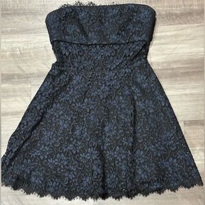 bebe Strapless Navy & Black Floral Lace Fit & Flare Dress | Size 8